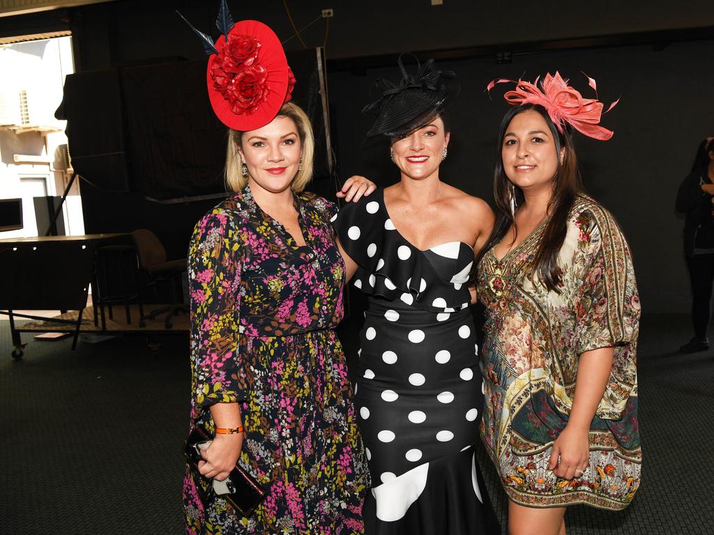 Kyrrie Blenkinsop, Sharrah Kean and Mehtap Wilson at the Darwin Turf Club Bridge Toyota Ladies' Day / Derby Day. Picture: KATRINA BRIDGEFORD