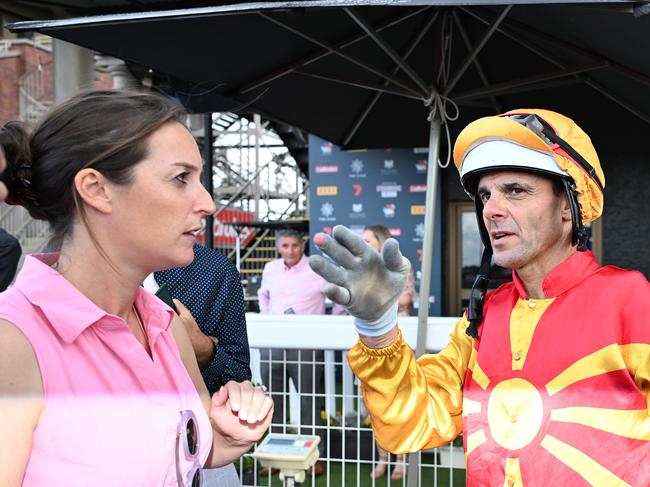 Sydney trainer Annabel Archibald with veteran jockey Noel Callow after their victory in the $350,000 Group 2 Queensland Guineas (1600m)  at Eagle Farm on Saturday, May 3, 2025. Picture: Grant Peters / Trackside Photography