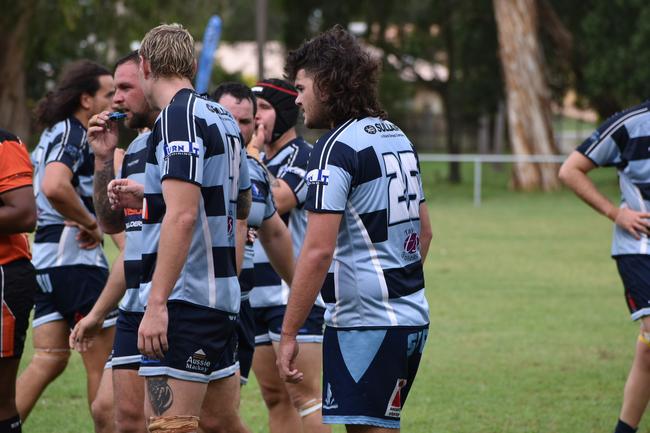 Slade Point regroups seconds before half-time at the Slade Point Slashers v Moranbah Bulls in Mackay Rugby Union Round 4 Seniors A-Grade Anzac Day clash at Cathy Freeman Oval in Slade Point. Saturday, April 23, 2022. Picture: Max O'Driscoll