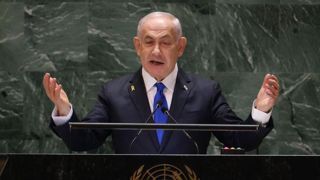 Israel’s Prime Minister Benjamin Netanyahu speaks during last Friday’s 79th Session of the United Nations General Assembly at the UN headquarters in New York. Picture: AFP