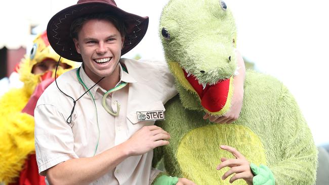 Oscar Brownless and Jordan Clark get ready for a croc wrestle. Picture: Robert Cianflone/Getty Images