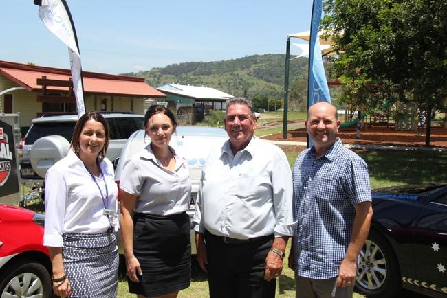 Ipswich Community Youth Service manager Amanda Margerison, PCYC development officer Angela Holter, Somerset Mayor Graeme Lehmann and Dale Press of Southern Cross Advanced Driving School at the Lowood launch of Braking the Cycle. 