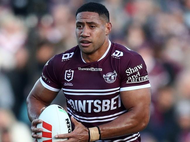 SYDNEY, AUSTRALIA - JULY 02: Taniela Paseka of the Sea Eagles runs the ball during the round 18 NRL match between Manly Sea Eagles and Sydney Roosters at 4 Pines Park on July 02, 2023 in Sydney, Australia. (Photo by Jason McCawley/Getty Images)