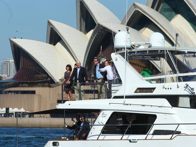 The Pence family take a cruise on Sydney Harbour accompanied by NSW Premier Gladys Berejikilian. Picture: Britta Campion/The Australian.