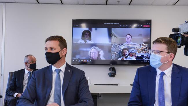 Ministers Stephen Mullighan, left and Chris Picton flank Ministers in isolation for the first cabinet meeting of the new Labor Government. Picture: NCA NewsWire / Brenton Edwards