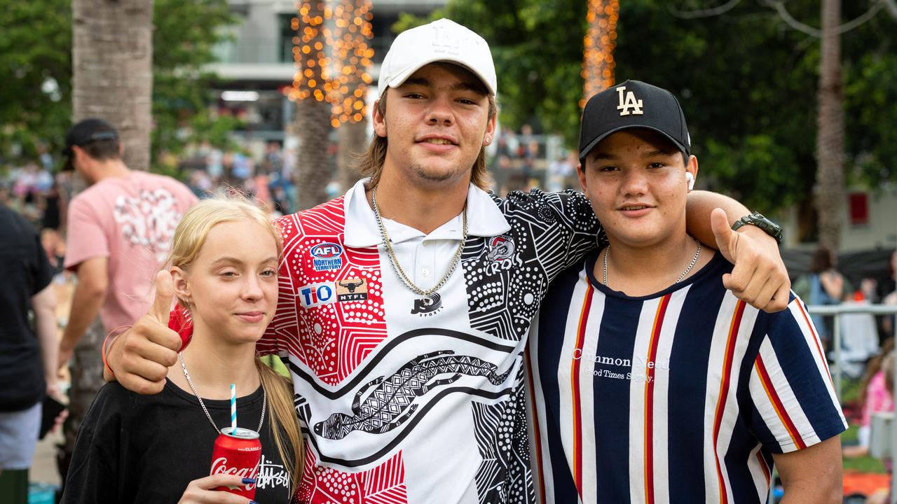 Akaylea Higgins, Joseph King and Tama Tarei at Darwin Waterfront on New Year’s Eve 2020. Picture: Che Chorley