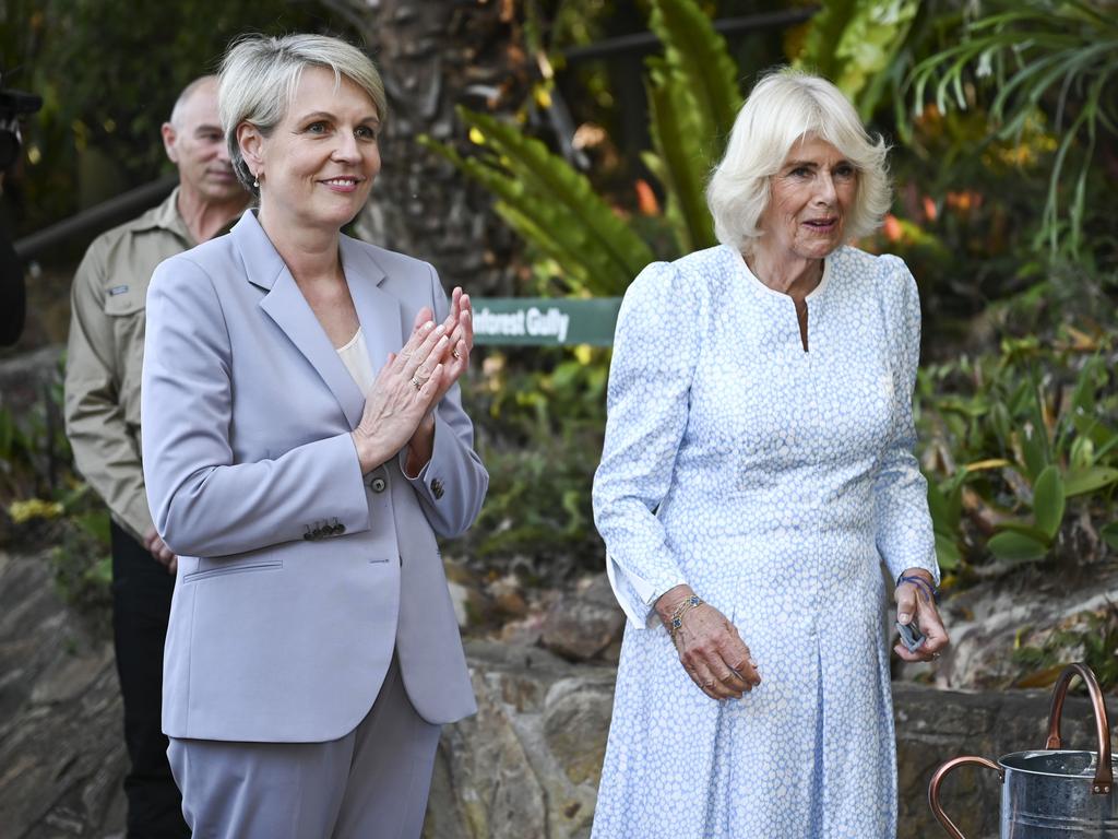 Minister for the Environment and Water of Australia, Tanya Plibersek and Queen Camilla during a tree planting at the Australian National Botanic Gardens in Canberra. Picture: NewsWire / Martin Ollman