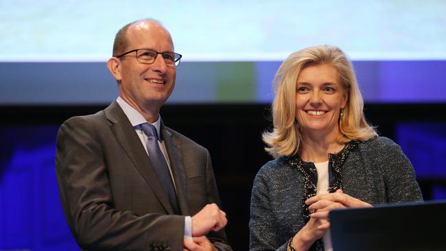 AMP CEO Craig Mellor stands on stage  with Chairman Catherine Brenner before their AGM in Sydney, Thursday, May 11, 2017. (AAP Image/David Moir) NO ARCHIVING