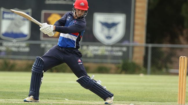 Footscray’s Dylan Brasher plays a cut shot. Picture: Stuart Milligan