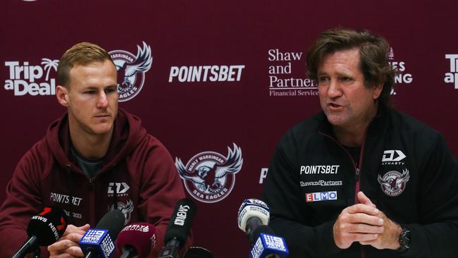 Sea Eagles captain Daly Cherry-Evans and coach Des Hasler must find a way to galvanise the players they do have on the field on Thursday. Picture: NCA Newswire / Gaye Gerard