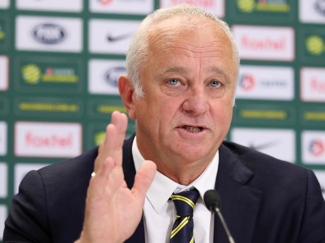 SYDNEY, AUSTRALIA - AUGUST 09:  Australian Socceroos and Olyroos coach Graham Arnold speaks to the media during a press conference at the FFA Offices on August 9, 2018 in Sydney, Australia.  (Photo by Cameron Spencer/Getty Images)