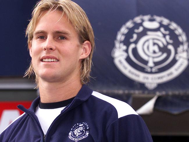 APRIL 9, 2004 : Carlton AFL player David Teague outside Optus Oval in Melbourne, 09/04/04. Pic Michael Potter.Australian Rules P/