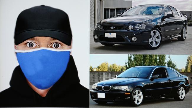 An impression of the man who killed Mr Truong, and two cars similar to vehicles of interest to police.