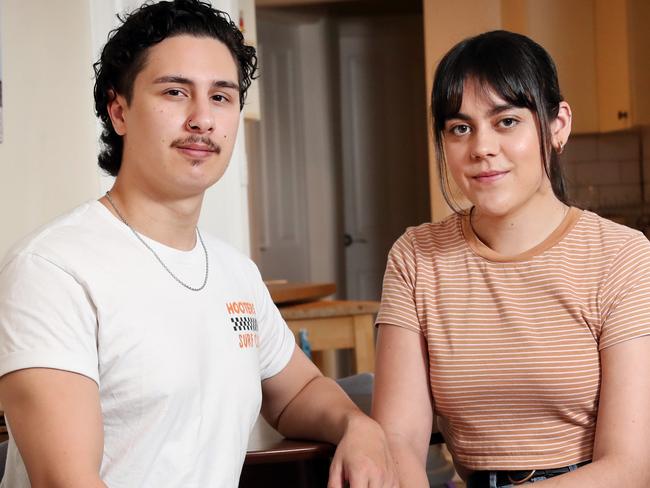 Pictured at their apartment in Darlinghurst is Treat Thistleton, 23, and his girlfriend Alana Sharpley, 19. They have both been hit hard by the pandemic. They work as bartenders and have been unable to work due to Covid-19 restrictions. Treat is on JobSeeker and Alana is on JobKeeper. Picture: Richard Dobson