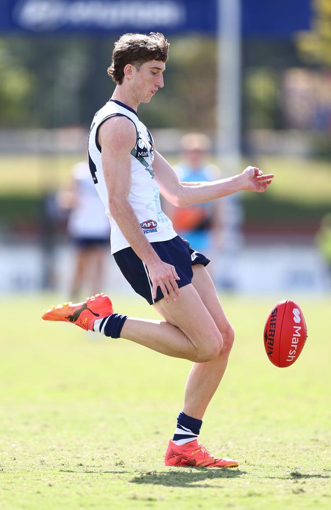 BRISBANE, AUSTRALIA – JULY 07: Matt Whitlock of Victoria Country kicks during the Marsh AFL National Championships match between U18 Boys Allies and Victoria Country at Brighton Homes Arena on July 07, 2024 in Brisbane, Australia. (Photo by Chris Hyde/AFL Photos/via Getty Images)