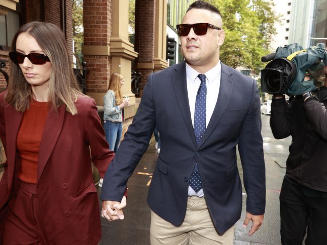 Jarryd Hayne with wife Amellia Bonnici outside the NSW Supreme Court in April 2023. Picture: Tim Hunter