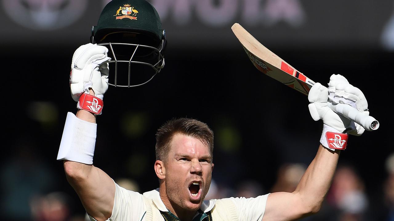 David Warner celebrates bringing up his triple century in Adelaide. Picture: AFP