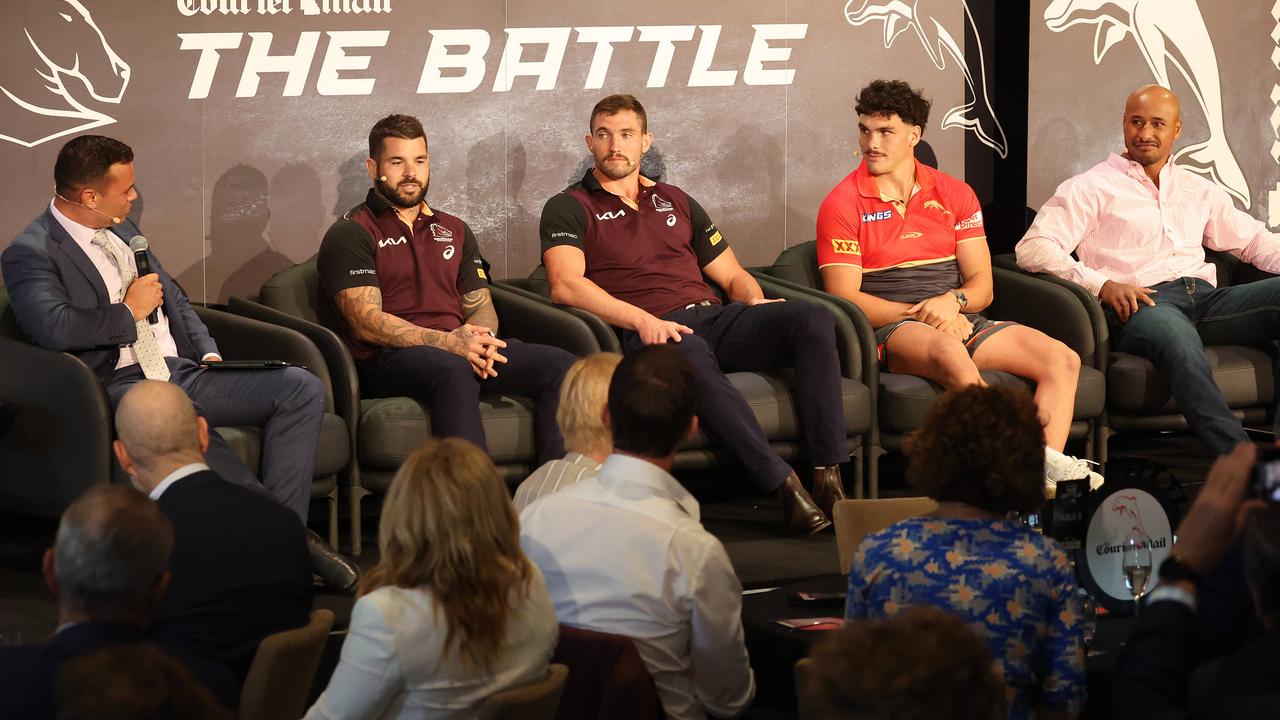 Broncos Adam Reynolds and Corey Oates with Dolphins Herbie Farnworth and Felise Kaufusi. Picture: Liam Kidston