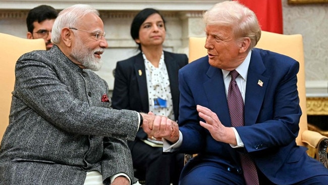 Narendra Modi shakes hands with US President Donald Trump in the Oval Office in February. Picture: AFP