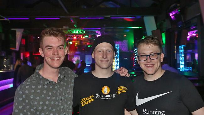 L-R Jackson Geddes, Cody McCormack and Angus Stephenson at Zodiac Nightclub. Photo Liam Fahey / Morning Bulletin