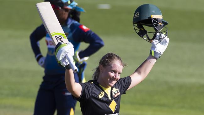 Alyssa Healy celebrates scoring a century for Australia against Sri Lanka in their T20 clash at North Sydney Oval in October. Picture: AAP