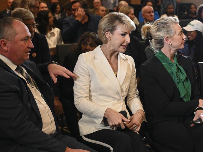 Barnaby Joyce MP, Senator Michaelia Cash and Senator Bridget McKenzie during Senator Jacinta Nampijinpa Price's address to the National Press Club in Canberra. Picture: NCA NewsWire/Martin Ollman