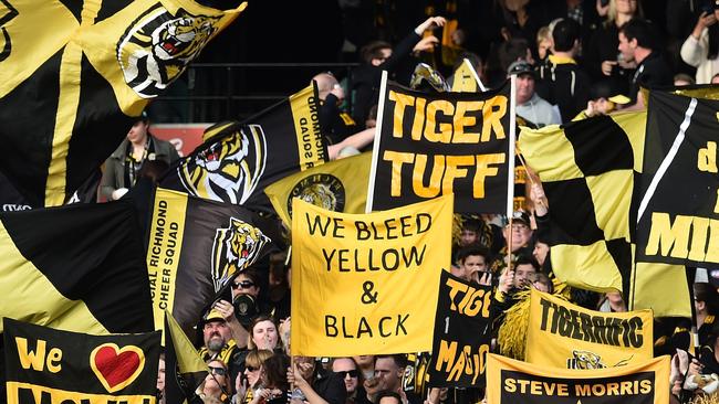 Richmond’s cheer squad is set to request a list of acceptable phrases after recent fan ejections from AFL games. Picture: AAP Image/Julian Smith.