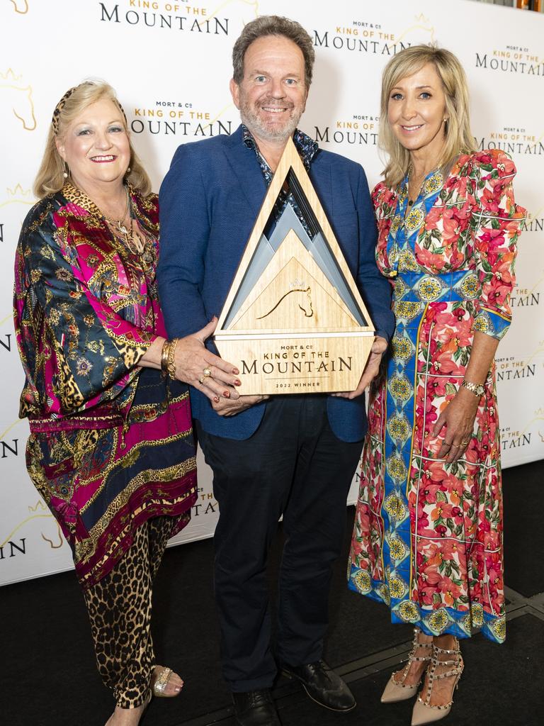 Rowena and Paul Hogan of Hogans Family Jewellers with Catherine Kirkwood (right) show off the Mort and Co King of the Mountain trophy made by Hogans and Potato Press at the slot holder draw luncheon, Friday, October 7, 2022. Picture: Kevin Farmer