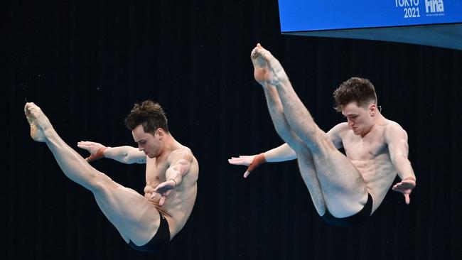 Thomas Daley and Matthew Lee of Britain compete during the men's synchronised 10m platform at the FINA Diving World Cup, which doubles as a test event for the 2020 Tokyo Olympics, at the Tokyo Aquatics. Picture: AFP