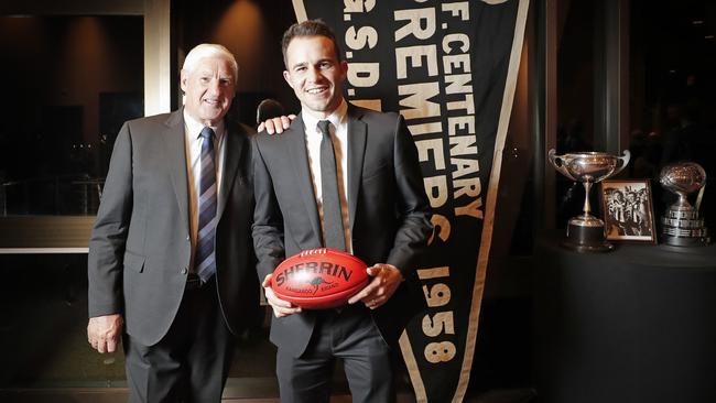 Local football legend Peter Hudson with current Glenorchy star, Jaye Bowden, at the Glenorchy Football Club's centenary dinner at Wrest Point. Picture: PATRICK GEE