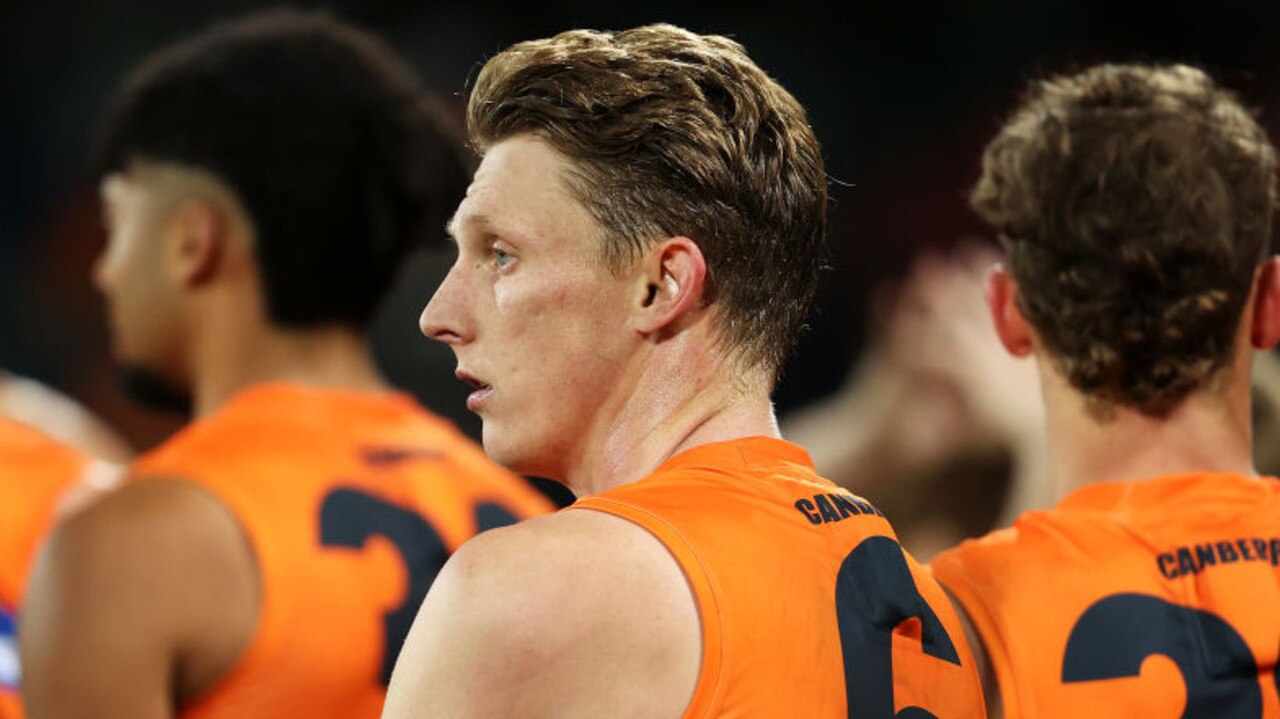 CANBERRA, AUSTRALIA - MAY 07: Lachie Whitfield of the Giants looks dejected after defeat during the round eight AFL match between the Greater Western Sydney Giants and the Geelong Cats at Manuka Oval on May 07, 2022 in Canberra, Australia. (Photo by Mark Kolbe/Getty Images)