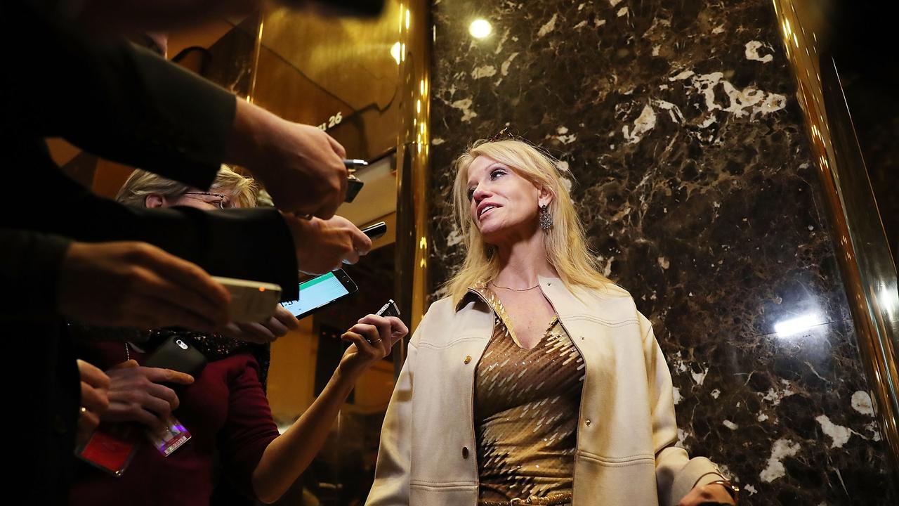 Conway speaks to the media while entering Trump Tower on November 14, 2016 in New York City. Conway was helping Trump choose his presidential cabinet after transitioning from a candidate to the president elect. She had been dubbed the “Trump whisperer”. Picture: Getty