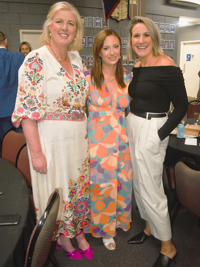 The Mirboo North Football Netball Club Tigers Presentation Night 2024 on Saturday, September 21, 2024: Katrina Palmer, Belinda Alexander and Bonnie Collins. Picture: Jack Colantuono