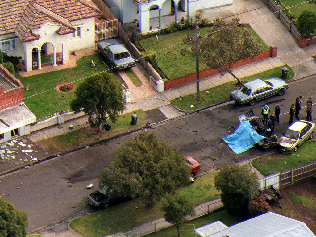 The force of the bomb fitted to Mr Furlan’s white Subaru Liberty sedan was so strong that his car catapulted 15m down Lorensen Ave and shattered the windows of shopfronts up to 300m away. Picture: Supplied