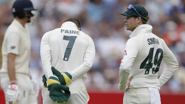 Captain Tim Paine and Steve Smith in discussions on the field at the Edgbaston Ashes Test. Picture: Getty Images