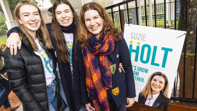 Independant candidate for Groom Suzie Holt, with daughters Jemima (left) and Lucy Brodie,  before casting her vote in the federal election at Fairholme College, Saturday, May 21, 2022. Picture: Kevin Farmer