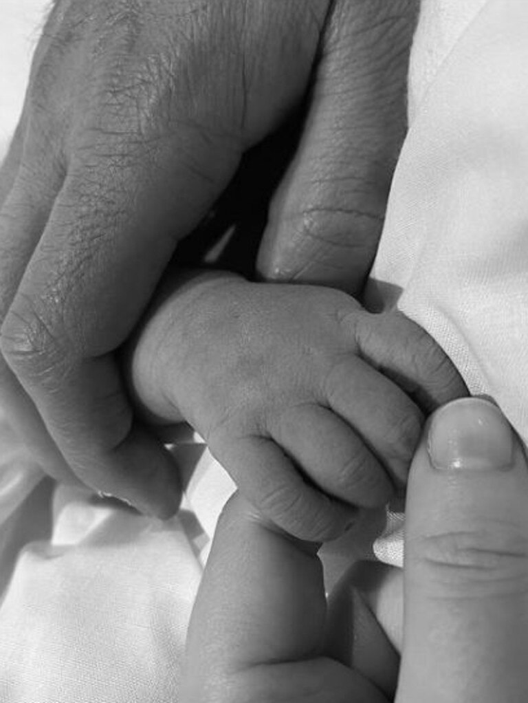 Princess Eugenie posted a photo of her and husband Jack Brooksbank holding their new baby's hand. Picture: Instagram