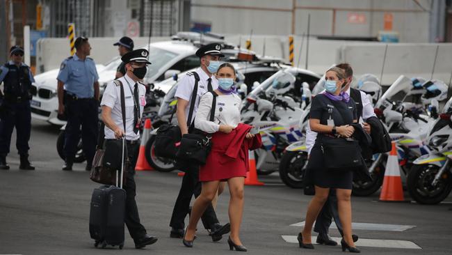 A Virgin Australia crew arrives in Sydney. Picture: Christian Gilles