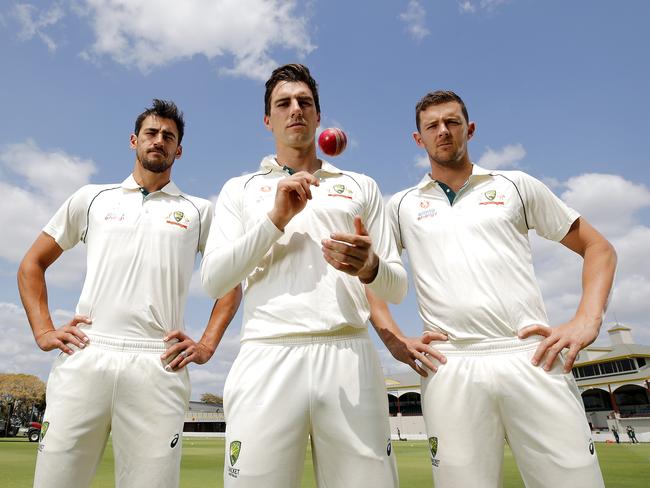 Australian fast bowlers Mitchell Starc, Pat Cummins and Josh Hazlewood posing at Allan Border Field, Brisbane 18th of November 2019. Australia play Pakistan in the first test on November 21st. (AAP Image/Josh Woning)