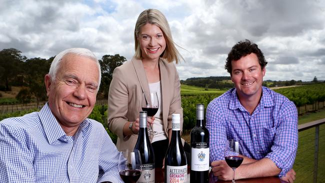 Angove family Winemakers: John with children Richard and Victoria who are the fourth and fifth generations of the Angove family – at their property in McLaren Vale. Photo Sarah Reed.