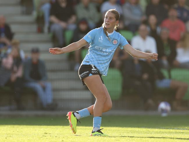 Shelby McMahon scores a goal during the A-League Semi Final. Picture: Jason McCawley/Getty Images