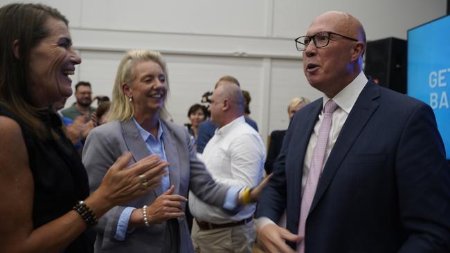 Peter Dutton with opposition water spokeswoman Perrin Davey, left, and opposition infrastructure spokeswoman Bridget McKenzie. Picture: NewsWire / Valeriu Campan