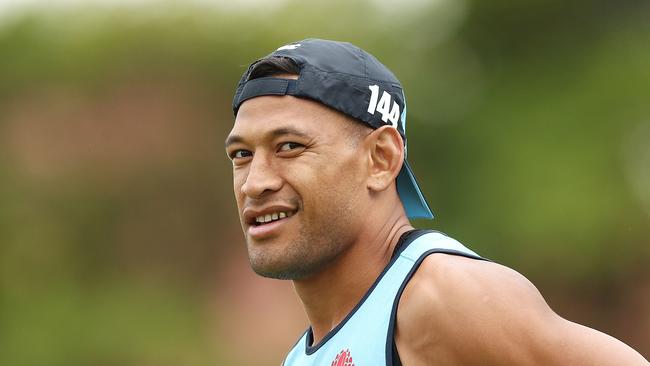 FILE: Israel Folau sacked by Rugby Australia for Homphobic tweet SYDNEY, AUSTRALIA - MAY 24:  Israel Folau looks on during a Waratahs Super Rugby training session at David Phillips Sports Complex on May 24, 2018 in Sydney, Australia.  (Photo by Mark Metcalfe/Getty Images)