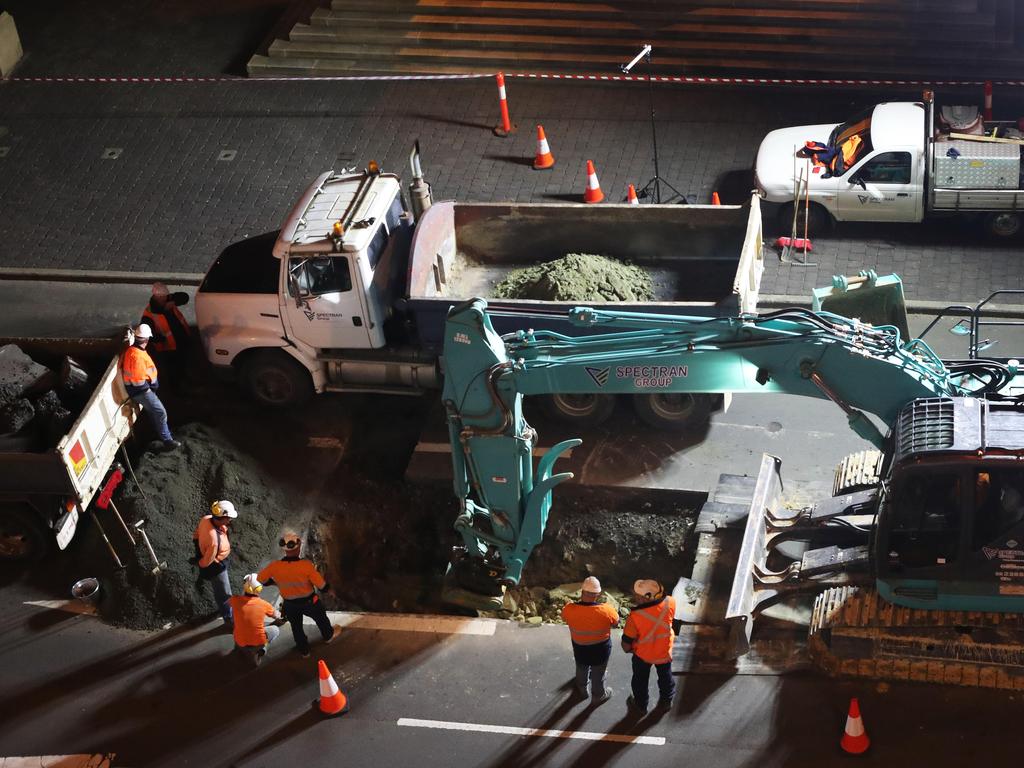 Work in Macquarie Street Hobart on the hole that will house the chamber performance artist Mike Parr will live in for 72 hours during Dark Mofo. Picture: NIKKI DAVIS-JONES