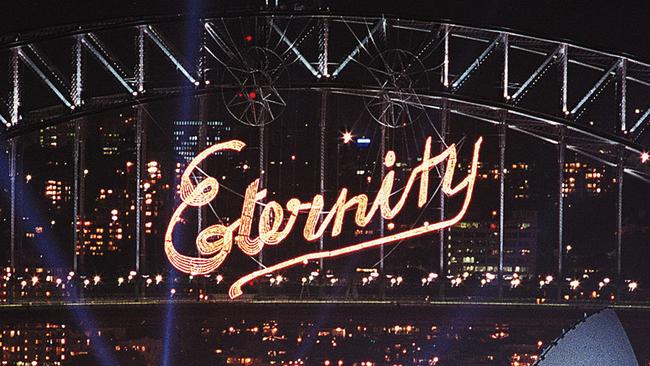 Sydney Harbour Bridge with word “Eternity” during the NYE Millennium fireworks.