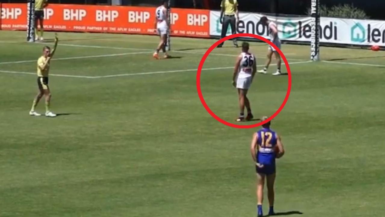 Dockers backman Brennan Cox pinged by the umpire.