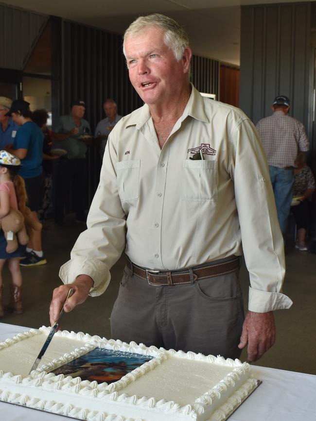 Roma Citizen of the Year Ken Beitz cutting the cake at the conclusion of the Maranoa Australia Day Awards 2023. Picture: Chloe Cufflin.