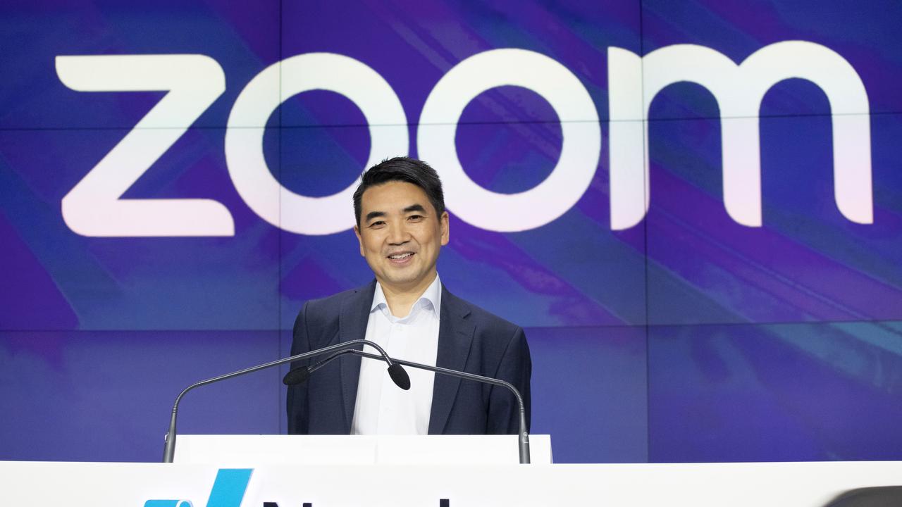 Zoom CEO Eric Yuan attends the opening bell at Nasdaq as his company holds its IPO in New York in April last year. Its share price has more than doubled this year so far. Picture: AP Photo / Mark Lennihan