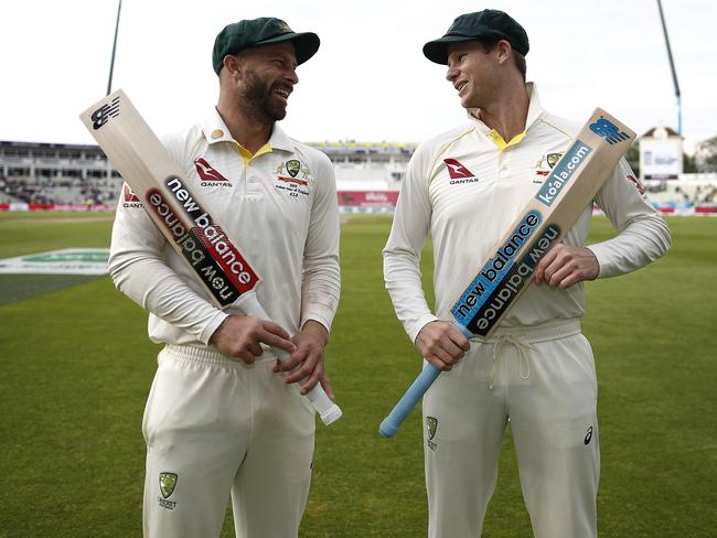 Matthew Wade and Steve Smith of Australia pose at stumps after both scoring centuries during day four of the Ashes Test between England and Australia at Edgbaston. Picture: Ryan Pierse/Getty Images