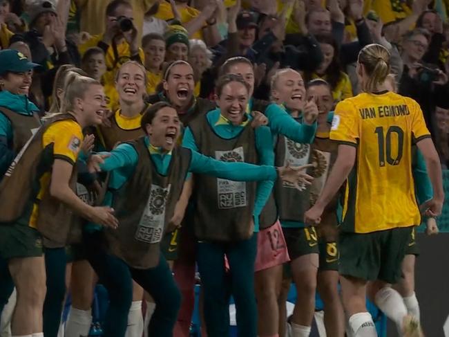 Australia's midfielder Emily Van Egmond scores in the match between Australia and Nigeria at Brisbane Stadium in Brisbane on July 27, 2023